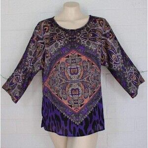 Chico's 0 Small Purple Passion Paisley Tiger Colorful Matte Satin Top